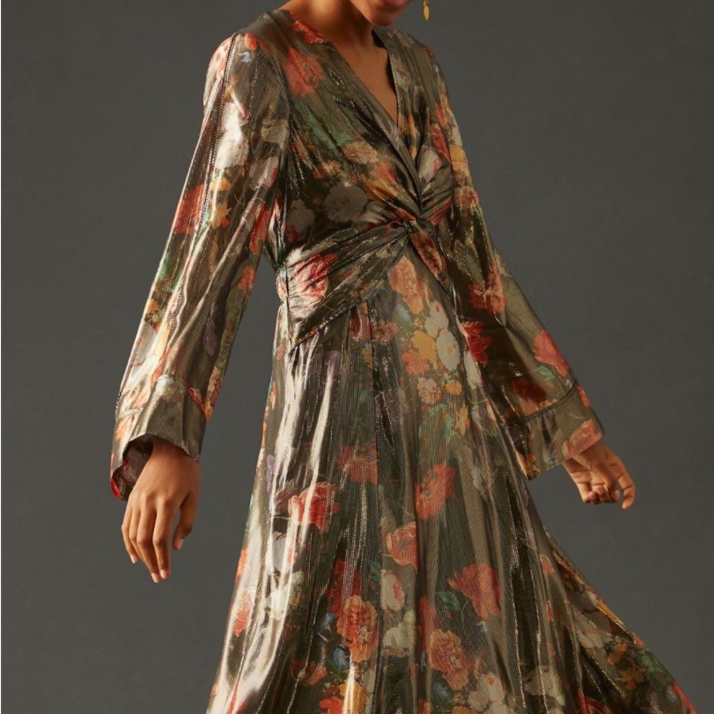 Anthropologie Caballero Floral Metallic Shimmer Maxi Dress V-neck